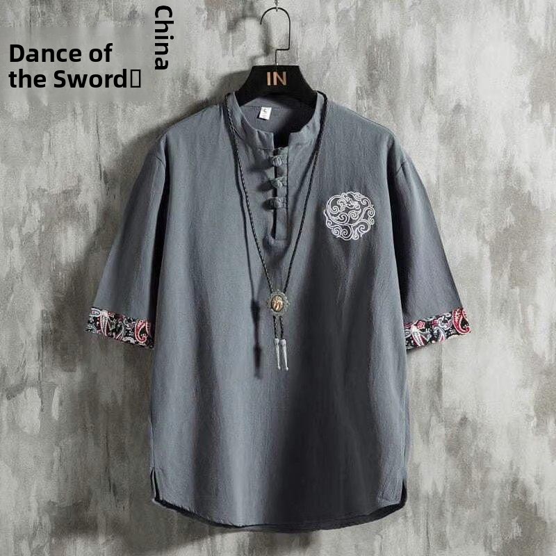 Urban Ethnic Fashion - Linen Short Sleeve T-Shirt Men's Summer