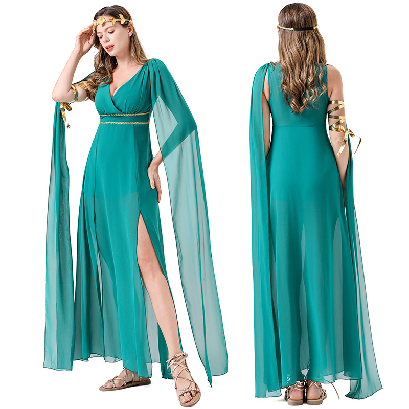 Ethnic Wear - Green Satin Long Dress Halloween Christmas