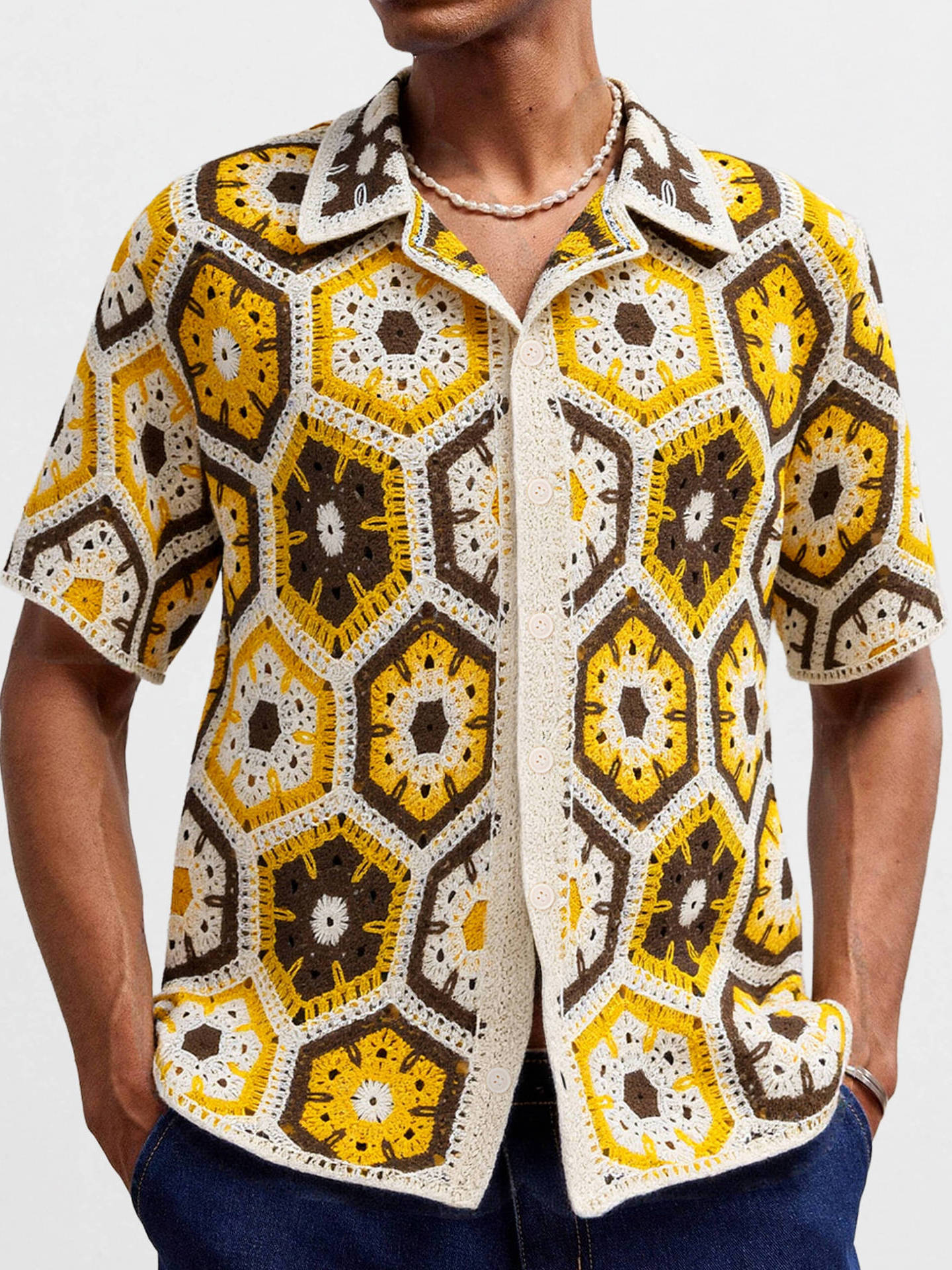 Urban Ethnic Fashion - Breathable Knitted Short Sleeve Shirt Ethnic