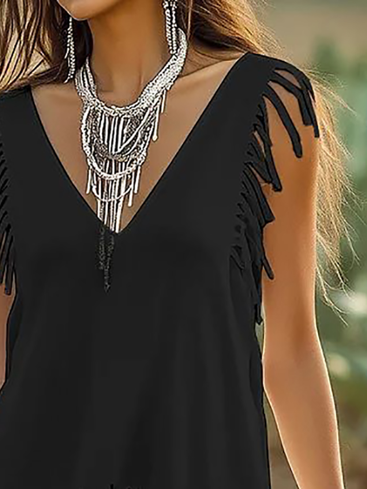 Black Fringed Casual Sleeveles – Ethnic Chic Fashion recenzja i cena