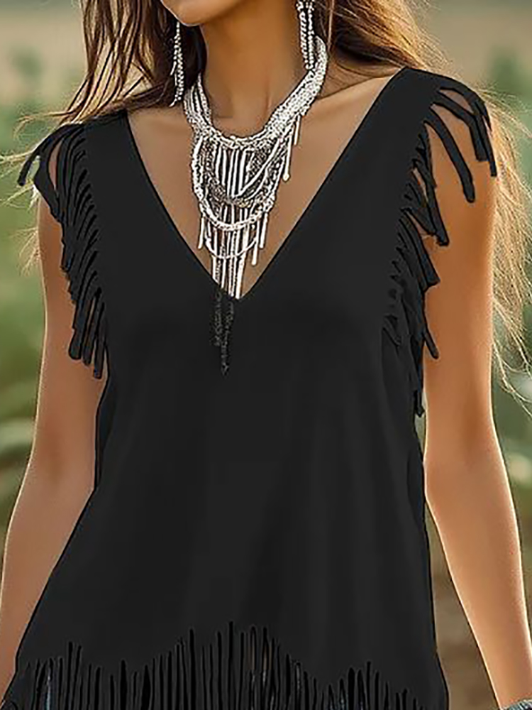 Black Fringed Casual Sleeveles – Ethnic Chic Fashion recenzja i cena